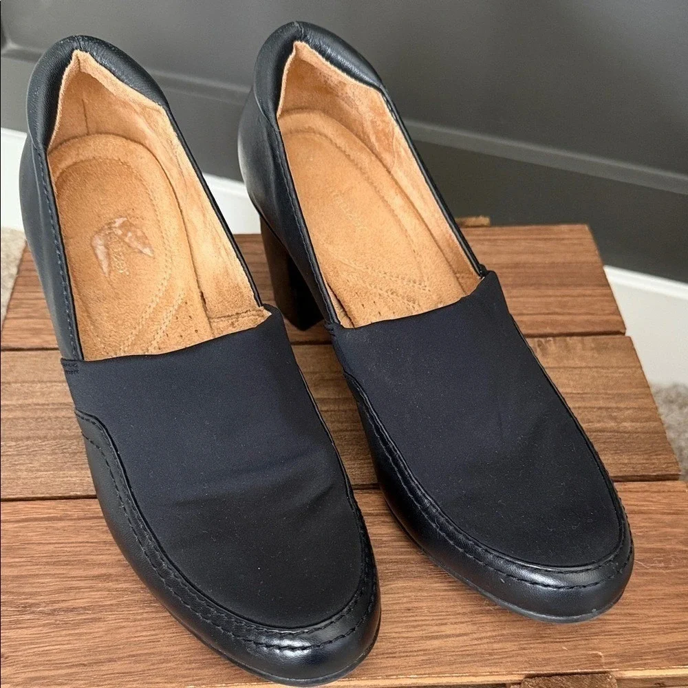Naturalizer Womens Black Leather Fabric Slip On Block Heel Pumps‎ Shoes Comfort